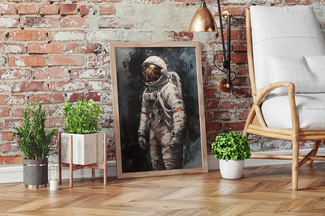 Painterly Astronaut Portrait White Suit Gold Visor US Flag Poster - Image 2