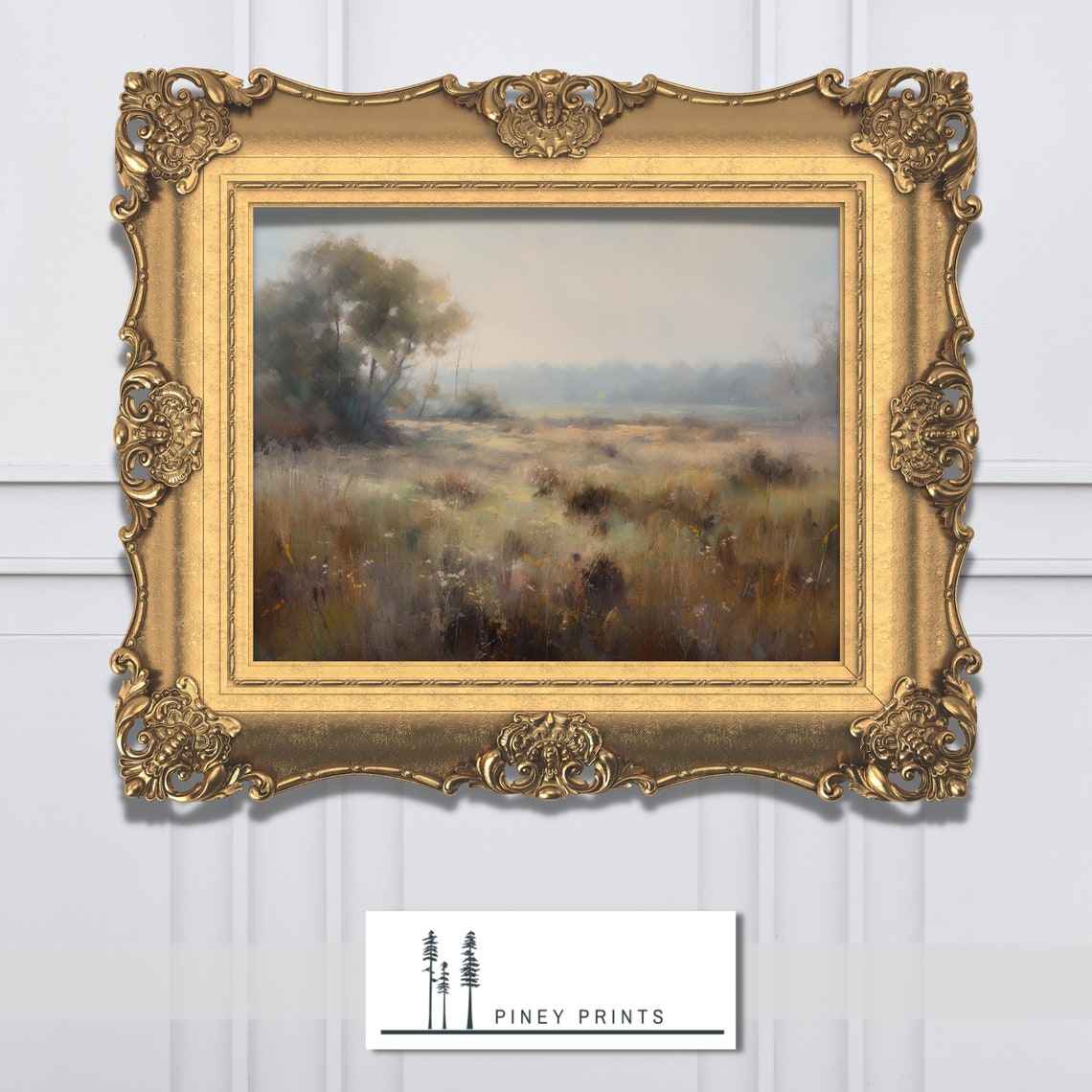 Grassy Meadow With Lone Tree Hazy Sky Impressionist Field Art Poster - Image 2
