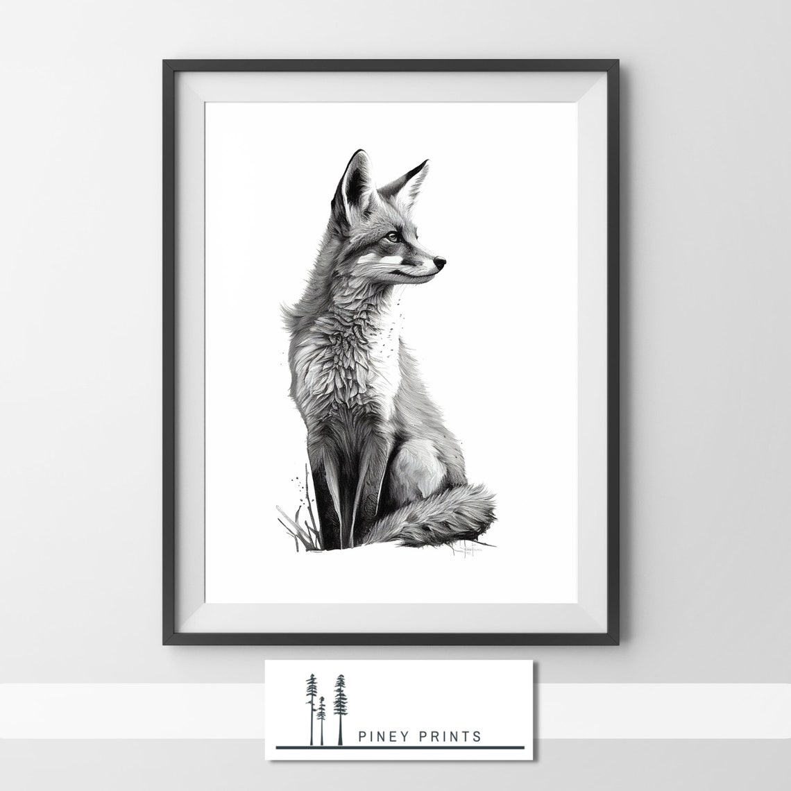 Red Fox Black White Pencil Sketch Wildlife Portrait Art Poster - Image 2