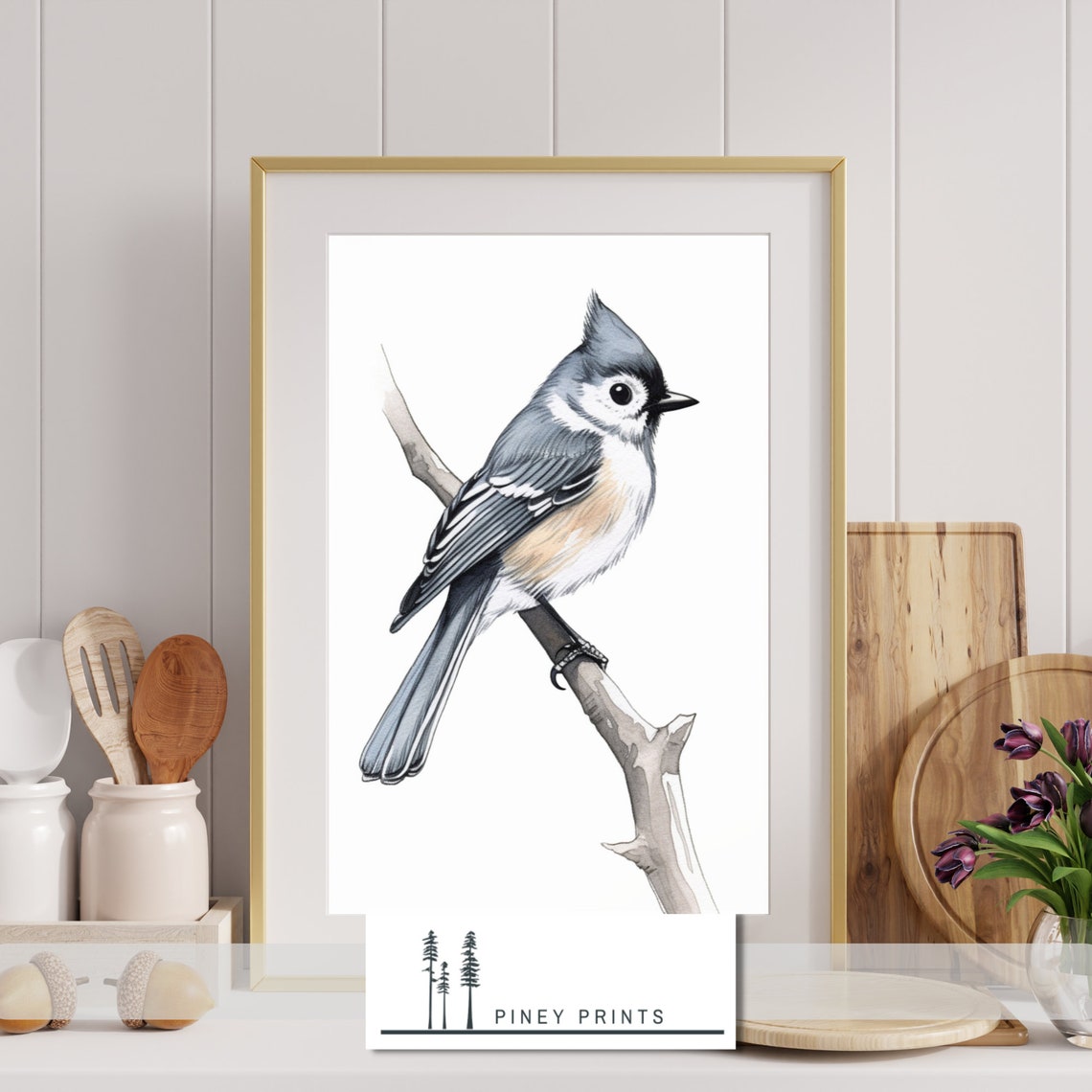 Tufted Titmouse Drawing Perched On Branch Delicate Bird Sketch Print - Image 3
