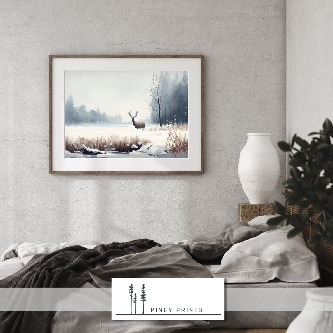 Deer in Snowy Meadow Winter Wildlife Landscape Impressionist Painting Poster - Image 2