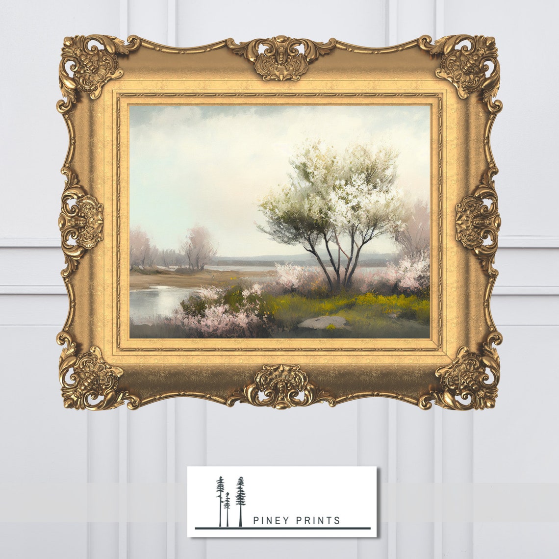Spring Blossom Tree Riverside Watercolor Landscape Painting Poster - Image 4