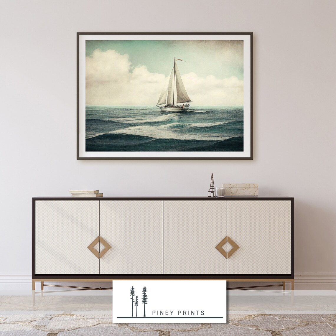 Lone Sailboat on Open Ocean Vintage Nautical Seascape Painting Poster - Image 4