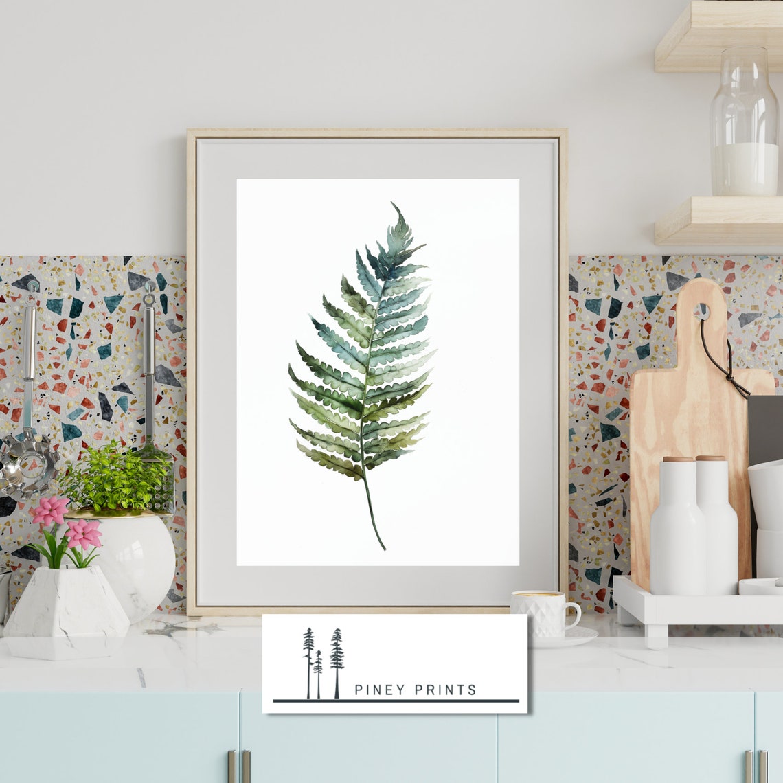 Teal Green Fern Leaf Watercolor Minimalist Modern Botanical Poster