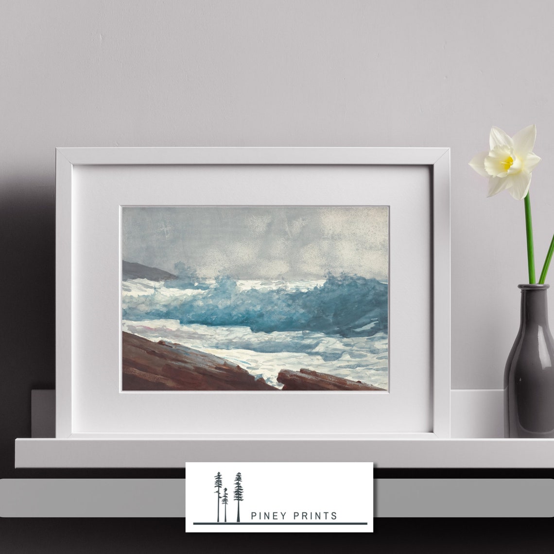 Ocean Breakers Vintage Seascape Painting Coastal Waves On Rocks Poster - Image 2
