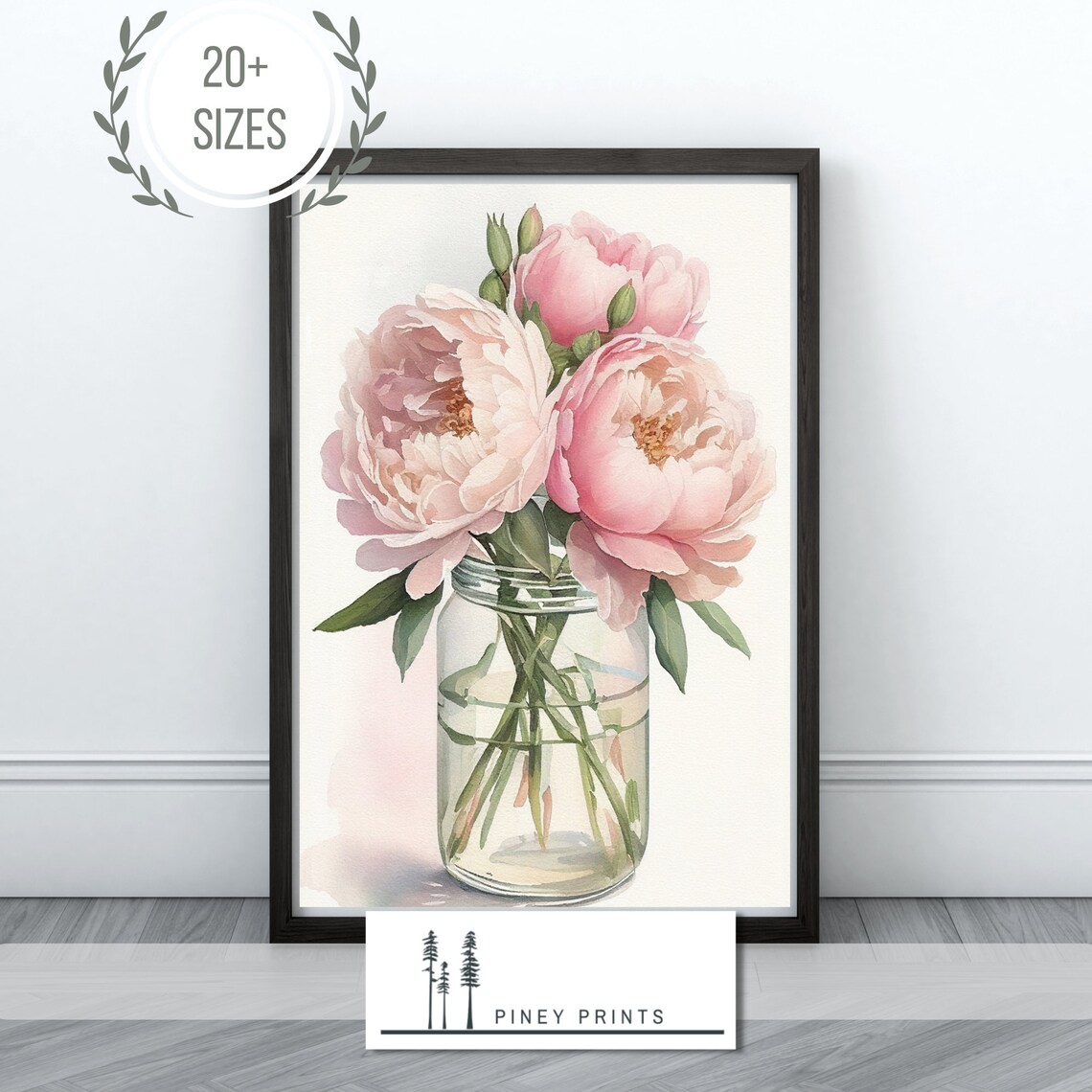 Pink Peonies Glass Jar Watercolor Floral Bouquet Bathroom Wall Poster - Image 3