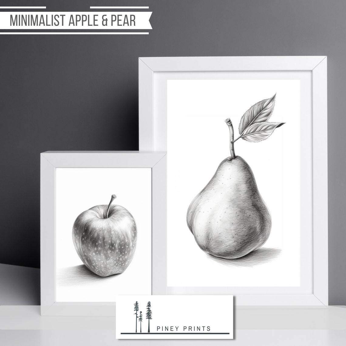 Set Of 4 Black White Sketches Fox Rabbit Pear Apple Wall Art - Image 2