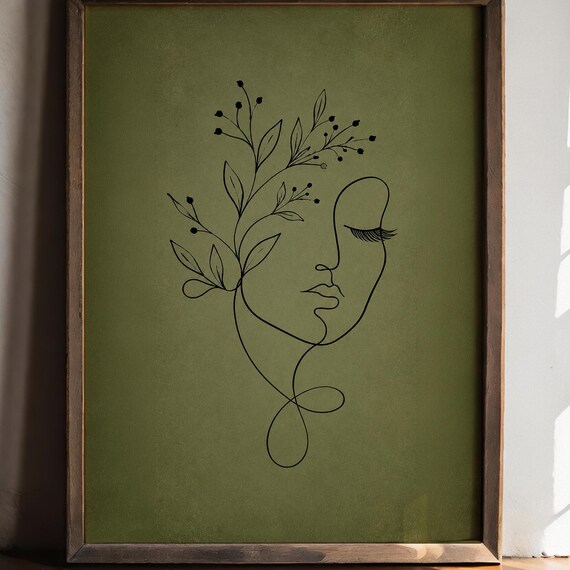 Line Art Woman Face Botanical Sprig Olive Green Abstract Poster