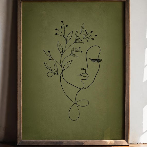 Vintage Botanical Face Line Art Wall Poster Green Minimalist Portrait Print Feminine Floral Decor