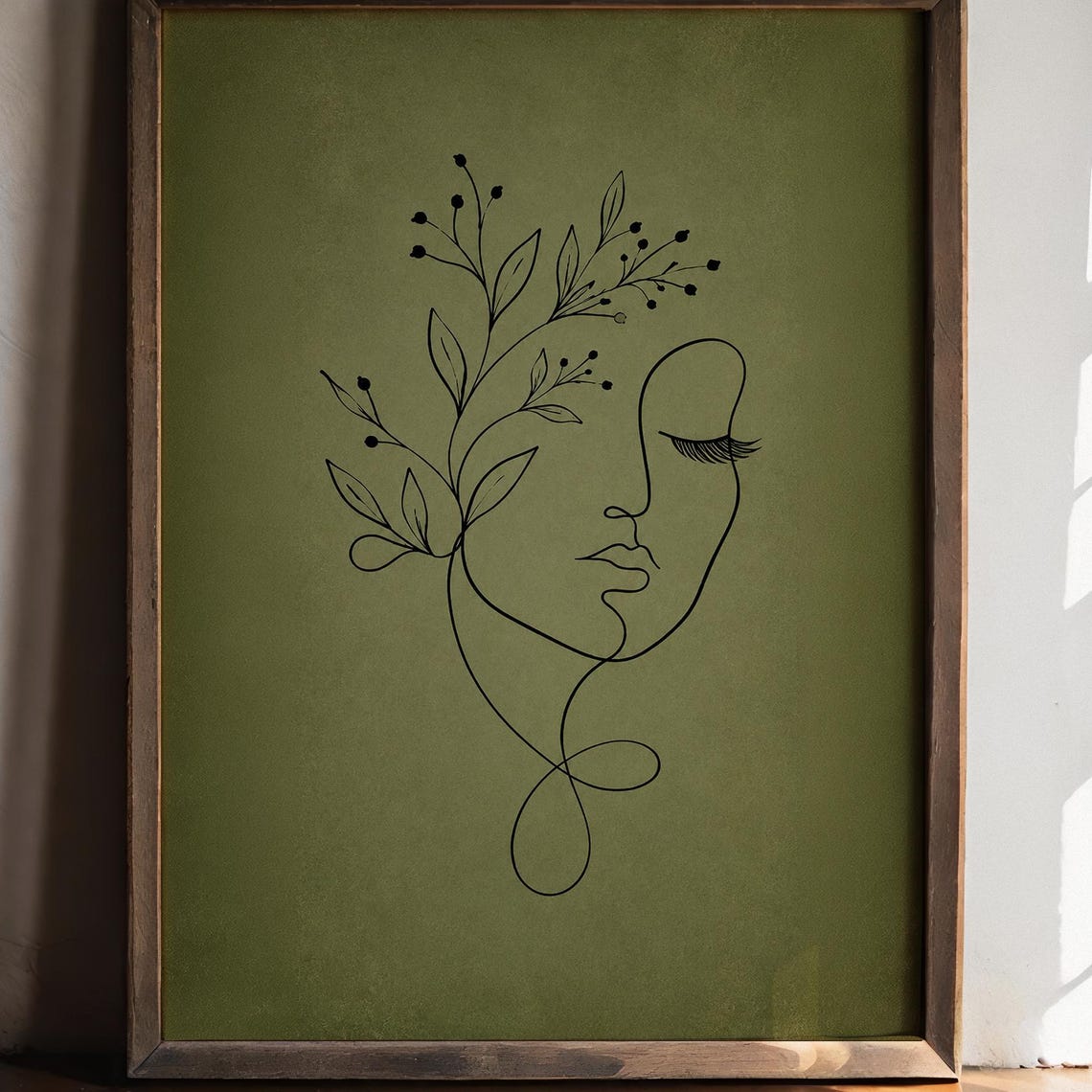 Line Art Woman Face Botanical Sprig Olive Green Abstract Poster