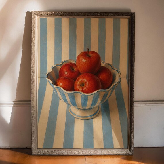 Red Apples in a Striped Bowl Classic Vintage Still Life Poster