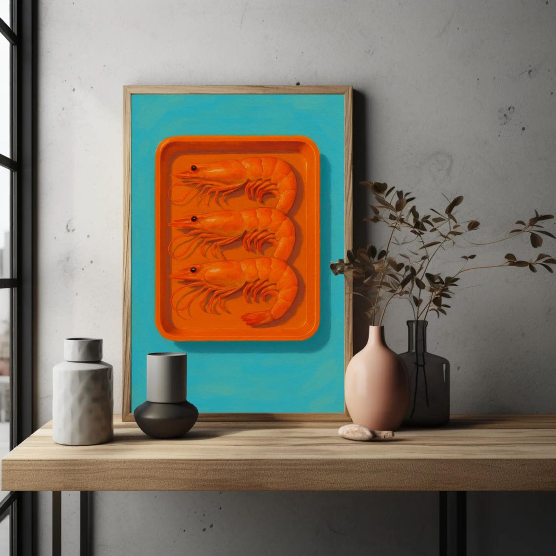 Cooked Prawns On Orange Tray Bold Turquoise Seafood Art Poster