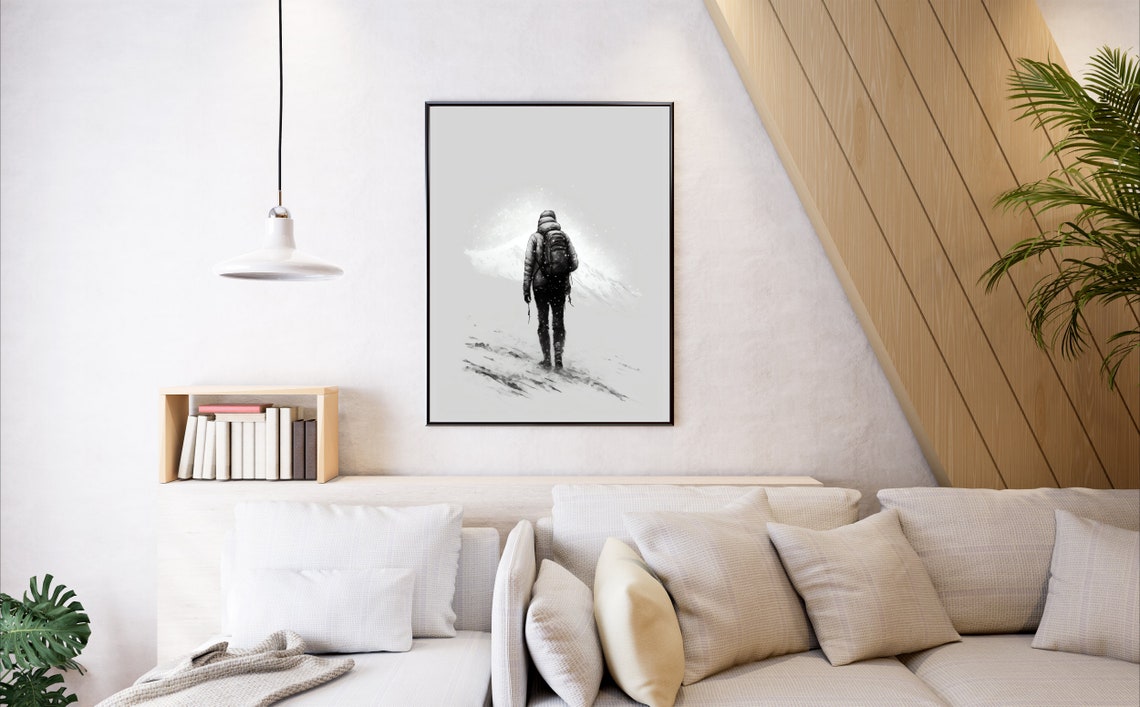 Minimalist Hiker Walking Snow Black White Peak Starry Poster - Image 3