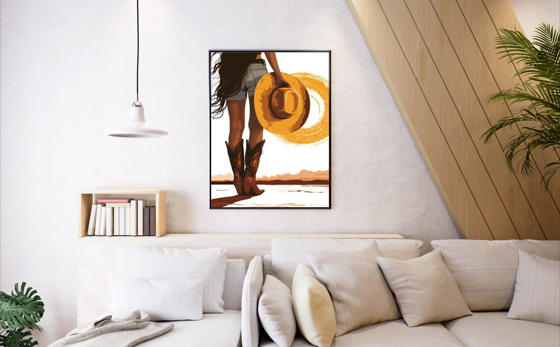 Coastal Cowgirl Boots Denim Hat Western Sunset Travel Poster - Image 3