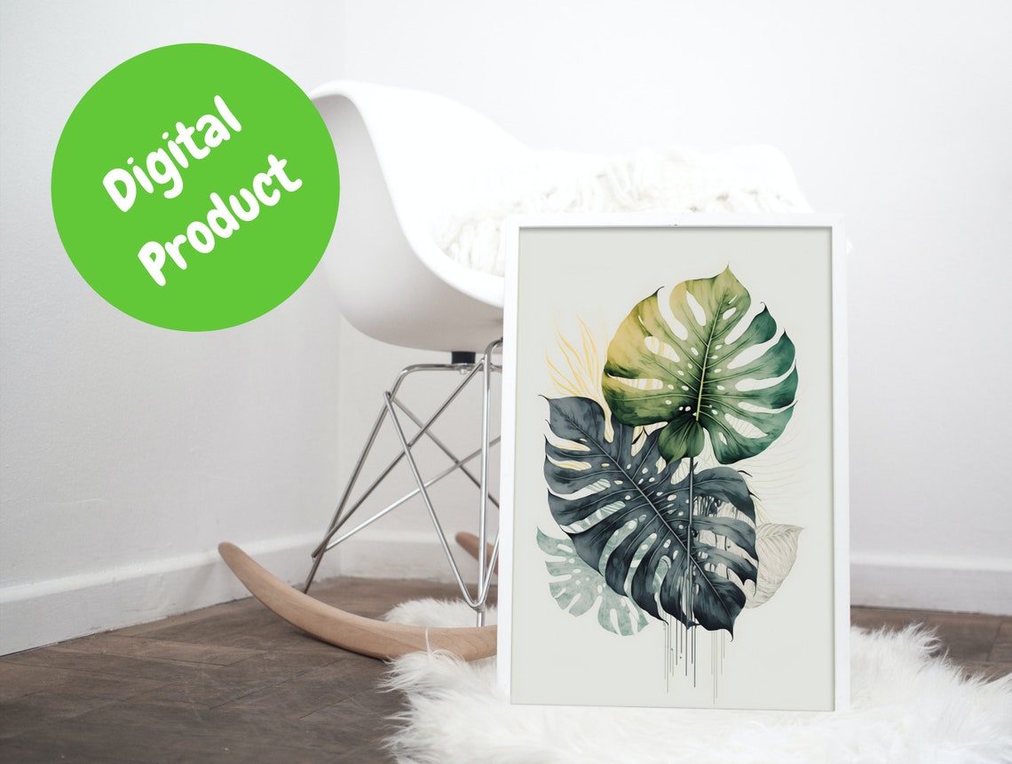 Watercolor Monstera Leaves Pair in Sage Green on Cream Art Poster - Image 3