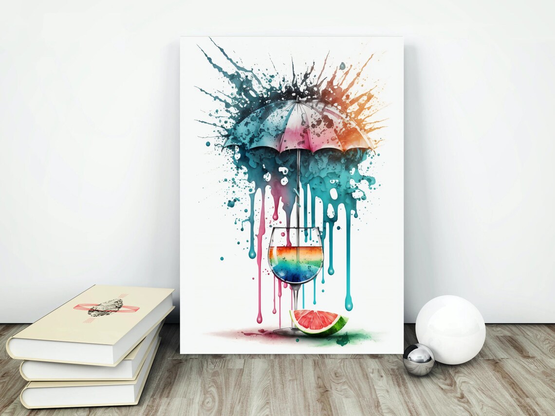 Rainbow Umbrella Cocktail Glass Watercolor Splash Bar Art Poster - Image 4