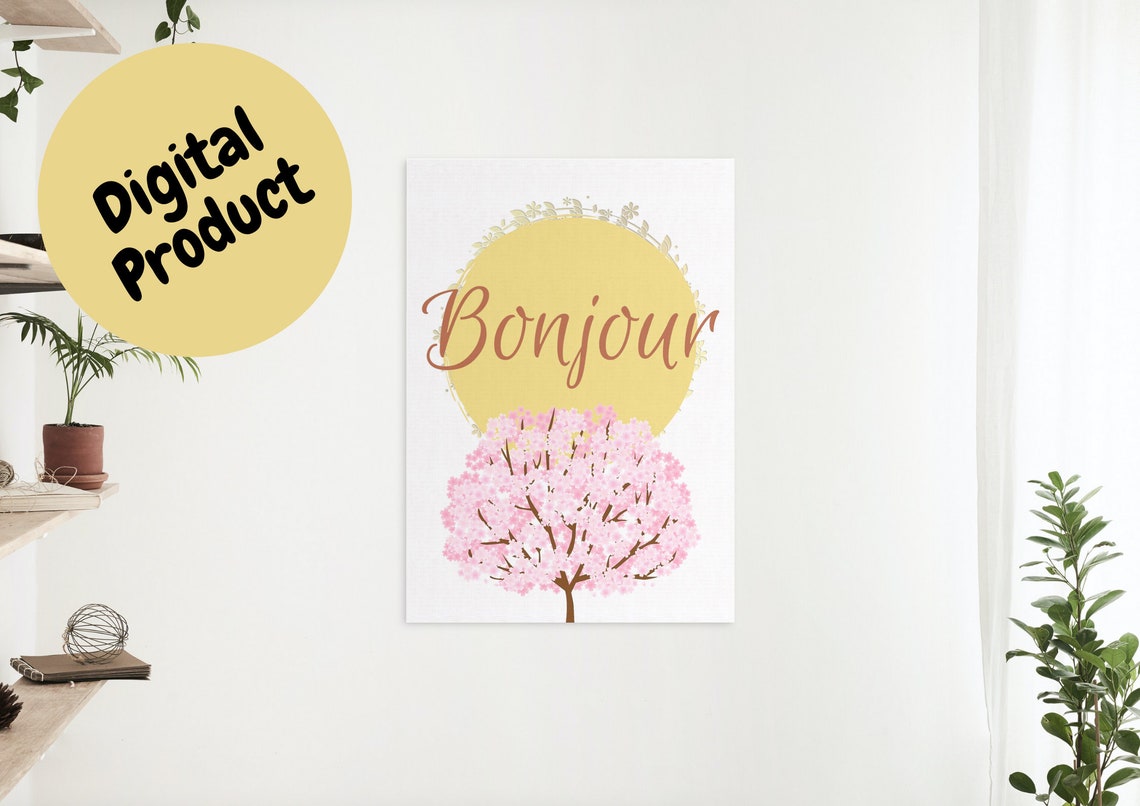 Bonjour Cherry Blossom Tree Under Golden Sun Decor Art Poster - Image 2