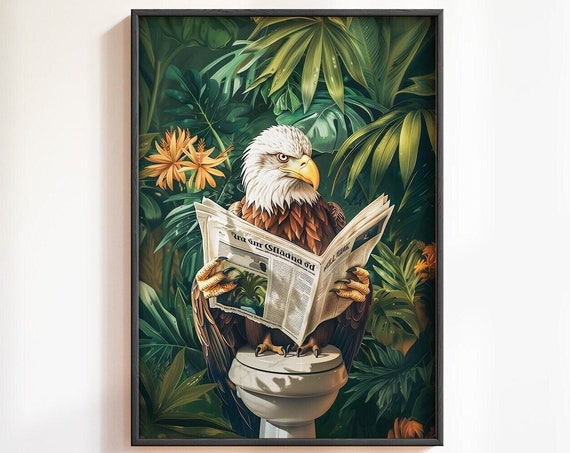 Botanical Eagle On Toilet Print Funny Bathroom Decor Funny Toilet Poster Bathroom Prints Toilet Wall Art Bathroom Wall Art Animal On Toilet