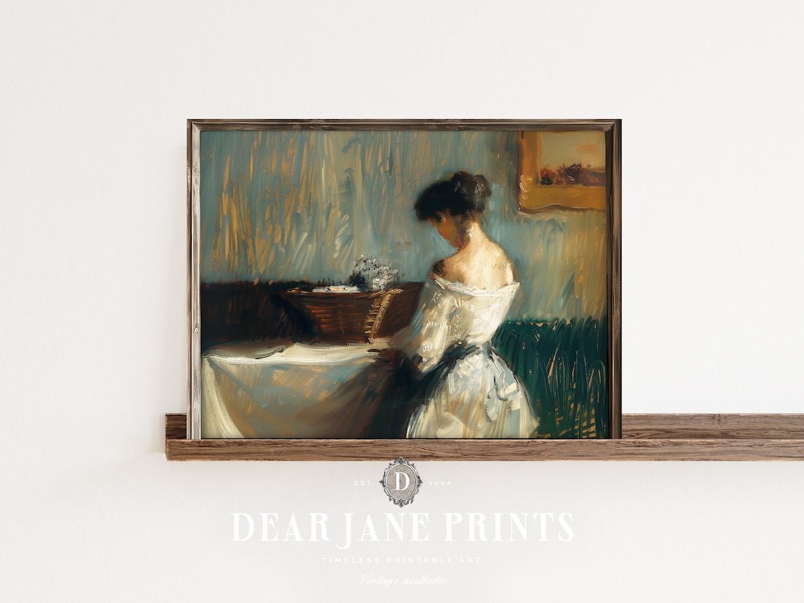 Woman In White Dress With Flower Basket Impressionist Vintage Wall Art