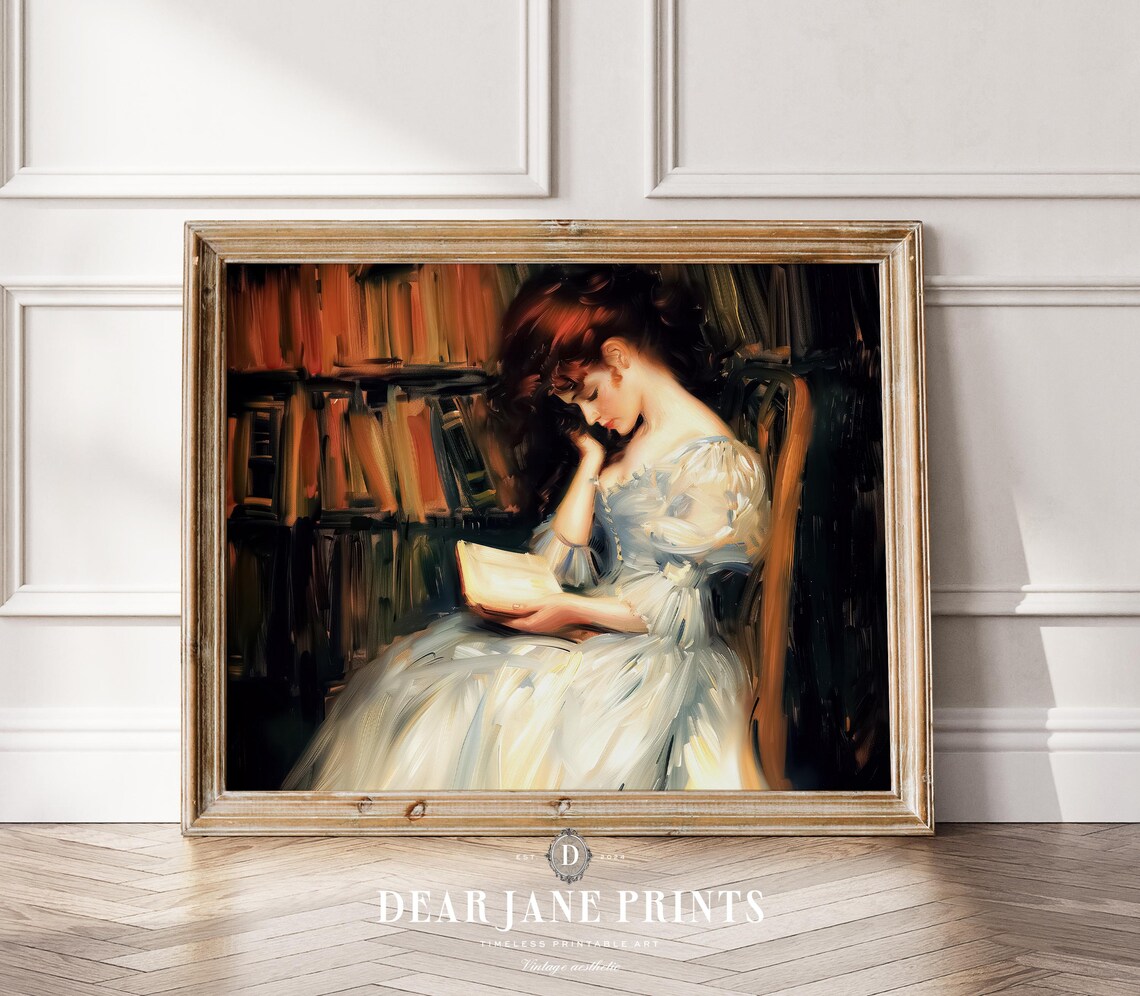 Woman in Blue Gown Reading in Dark Library Impressionist Oil Poster - Image 2