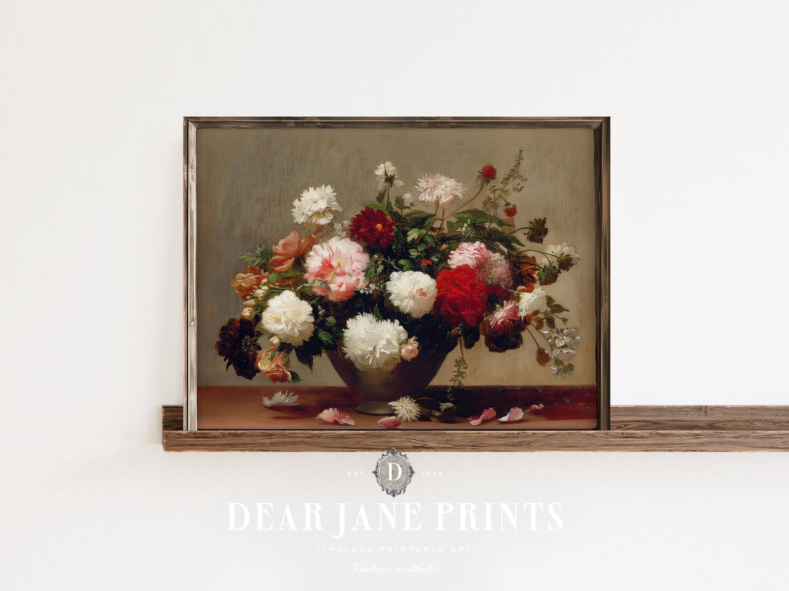 Mixed Red White Pink Dahlias Bouquet Classic Still Life Table Poster - Image 2