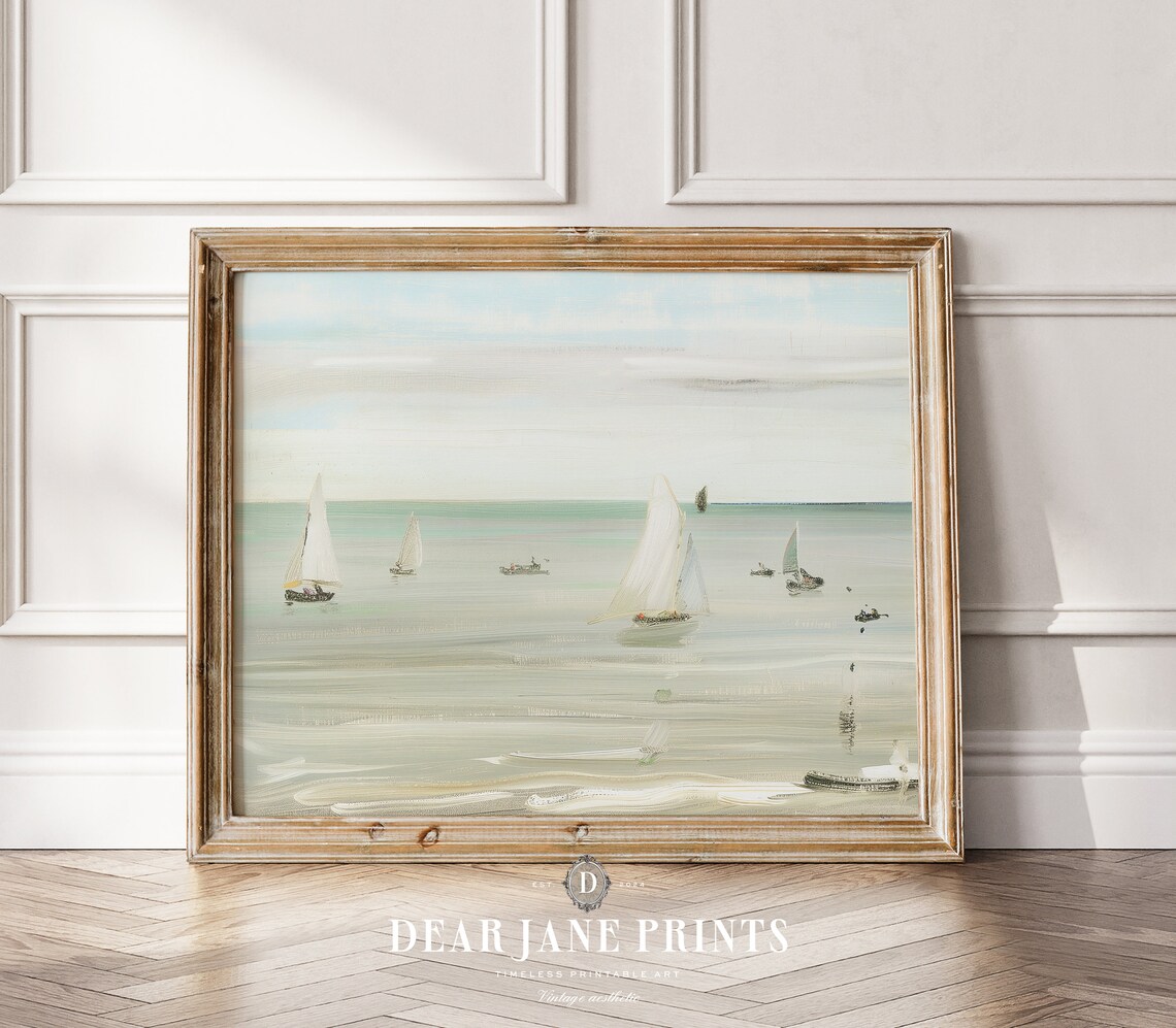 Minimalist Sailboats Seascape Neutral Coastal Oil Painting Wall Art