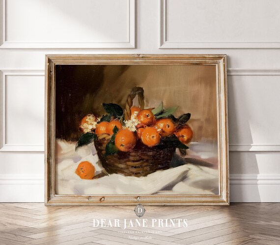 Kitchen Farmhouse Wall Art Painting Basket Of Oranges Fruit Vintage Print Academia Kitchen Decor