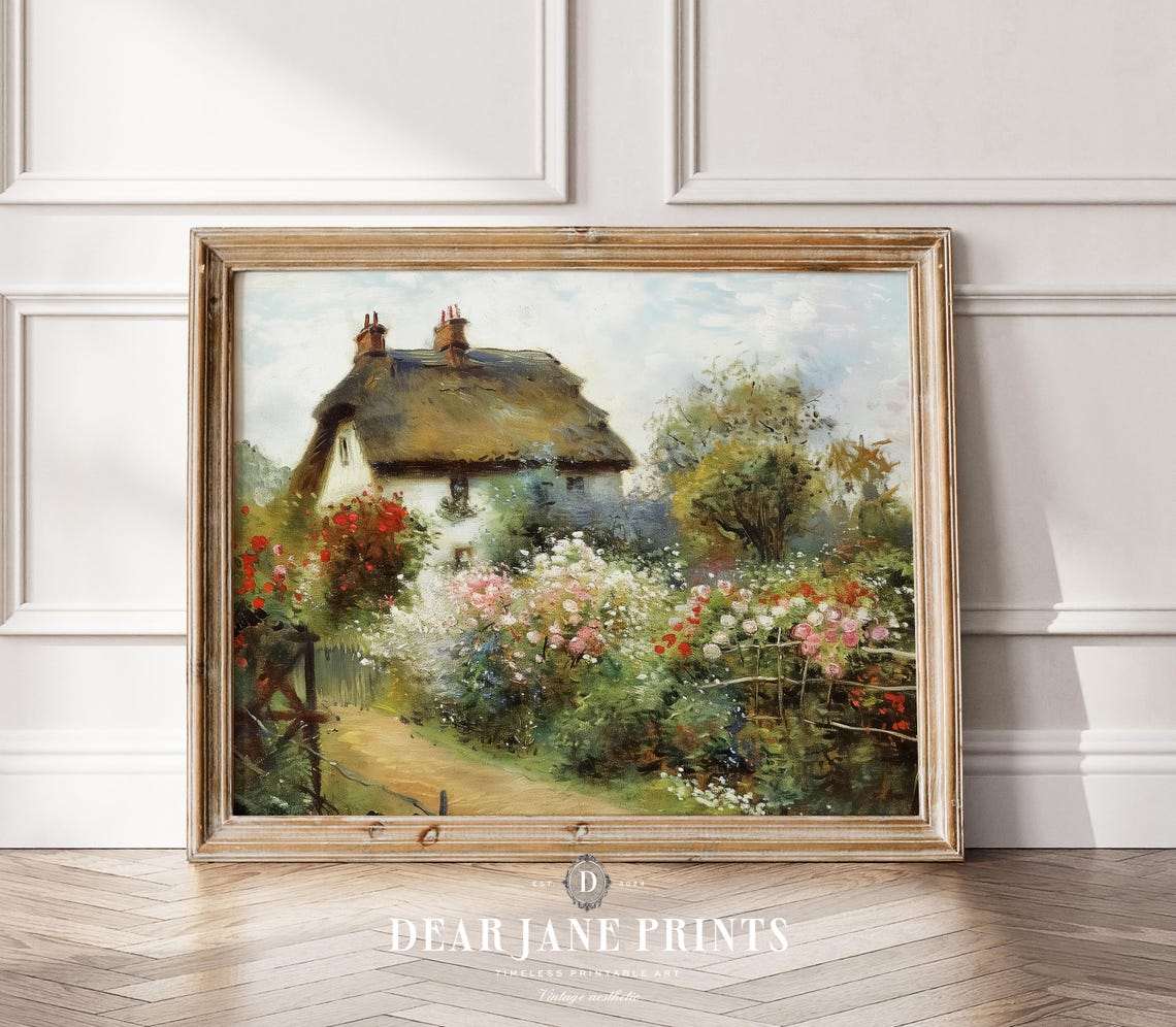 Thatched Cottage with Flower Garden Winding Path Impressionist Poster
