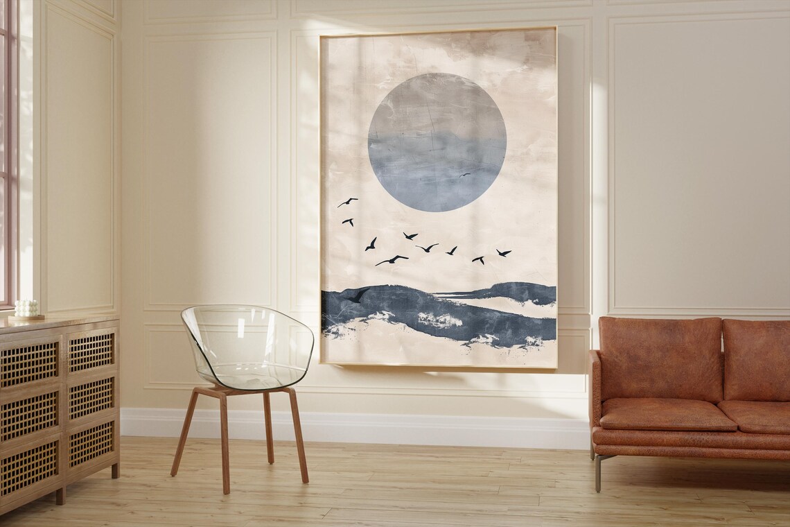 Japanese Minimalist Abstract Poster, Blue Sun Landscape - Image 2
