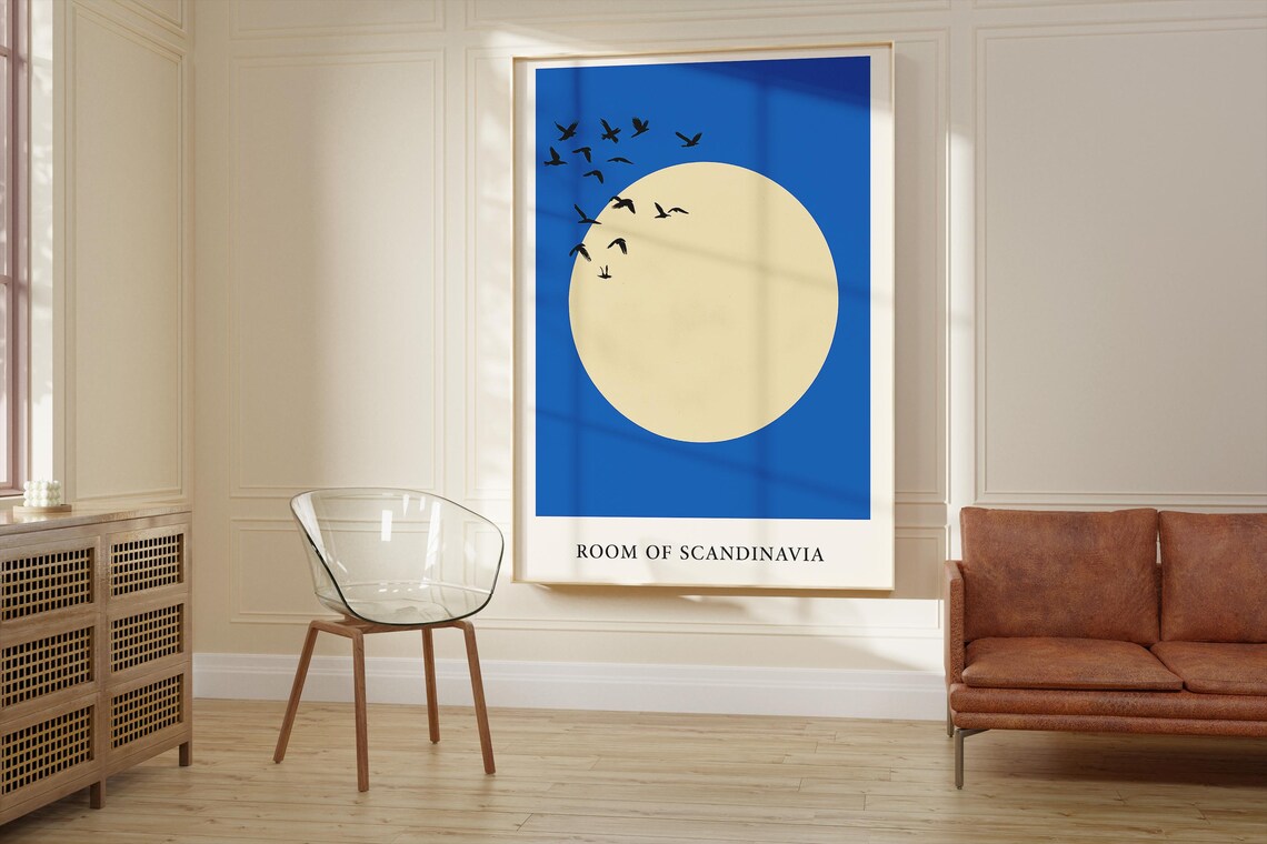 Blue Sun With Flying Birds, Japandi Art Print - Image 2
