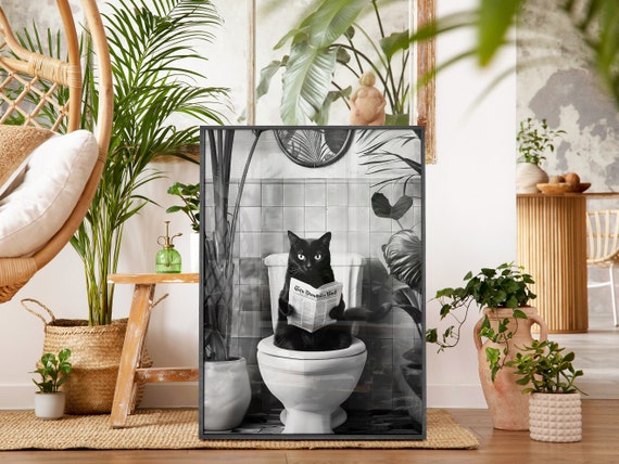 Black And White Bathroom Cat Print, Funny Bathroom Decor