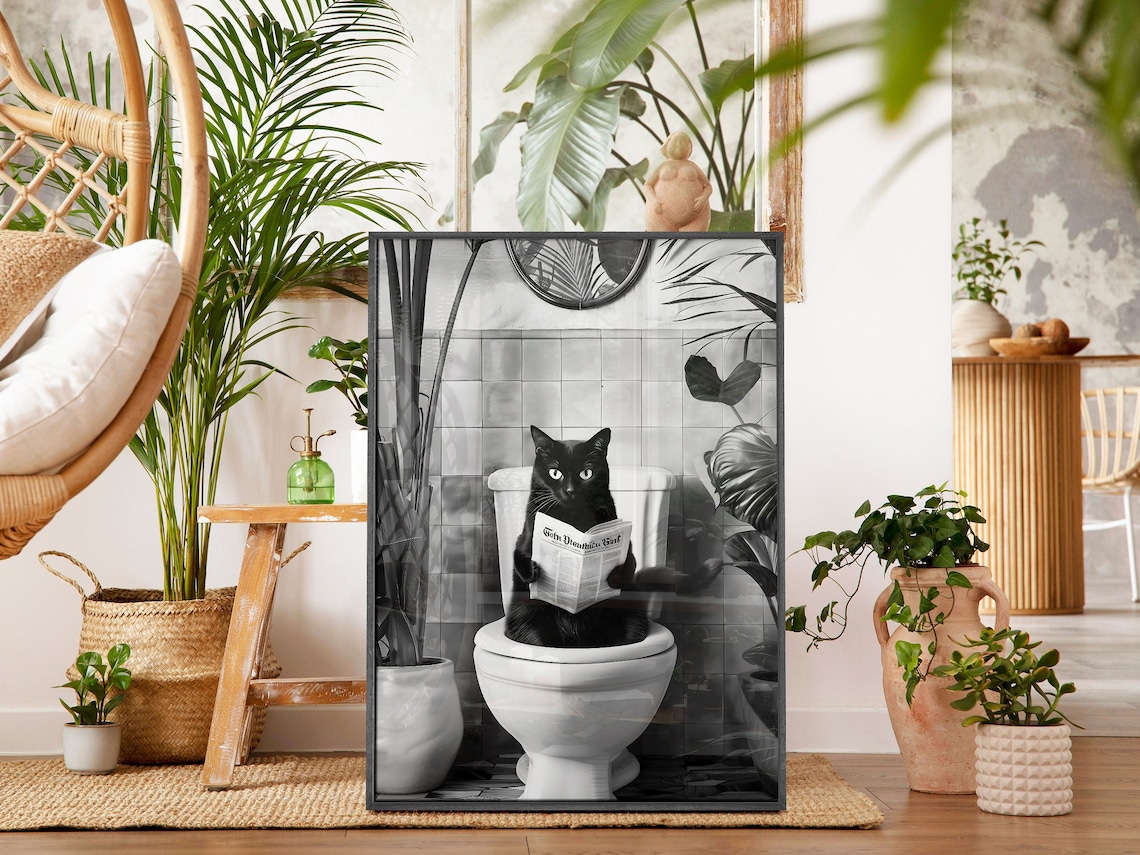 Black And White Bathroom Cat Print, Funny Bathroom Decor