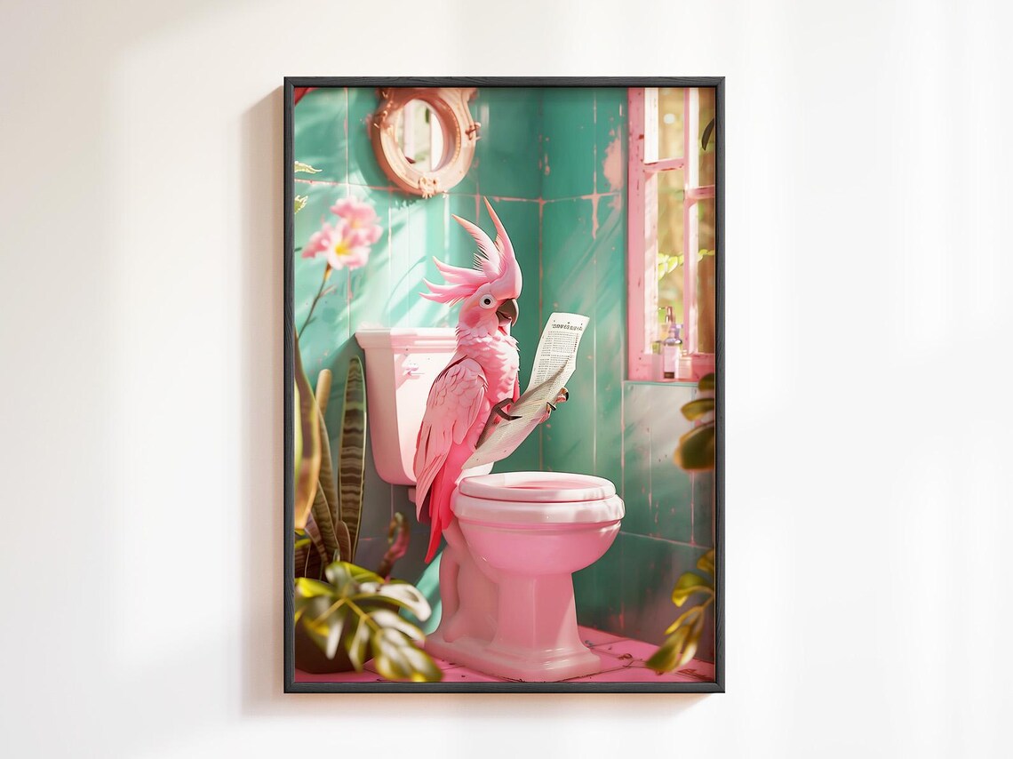 Pink Cockatoo Reading Newspaper On Toilet Bathroom Humor Poster - Image 4