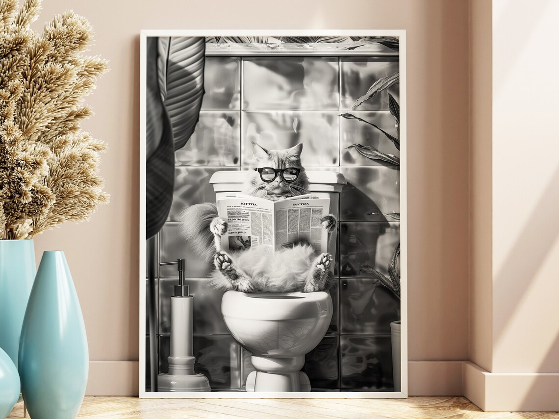 Black And White Cat Wearing Glasses Reading On Toilet Funny Bathroom Poster - Image 5