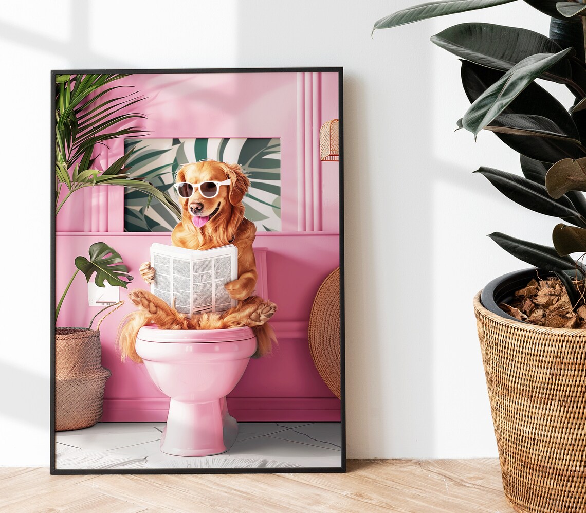 Golden Retriever Reading on Toilet Funny Dog Art Print