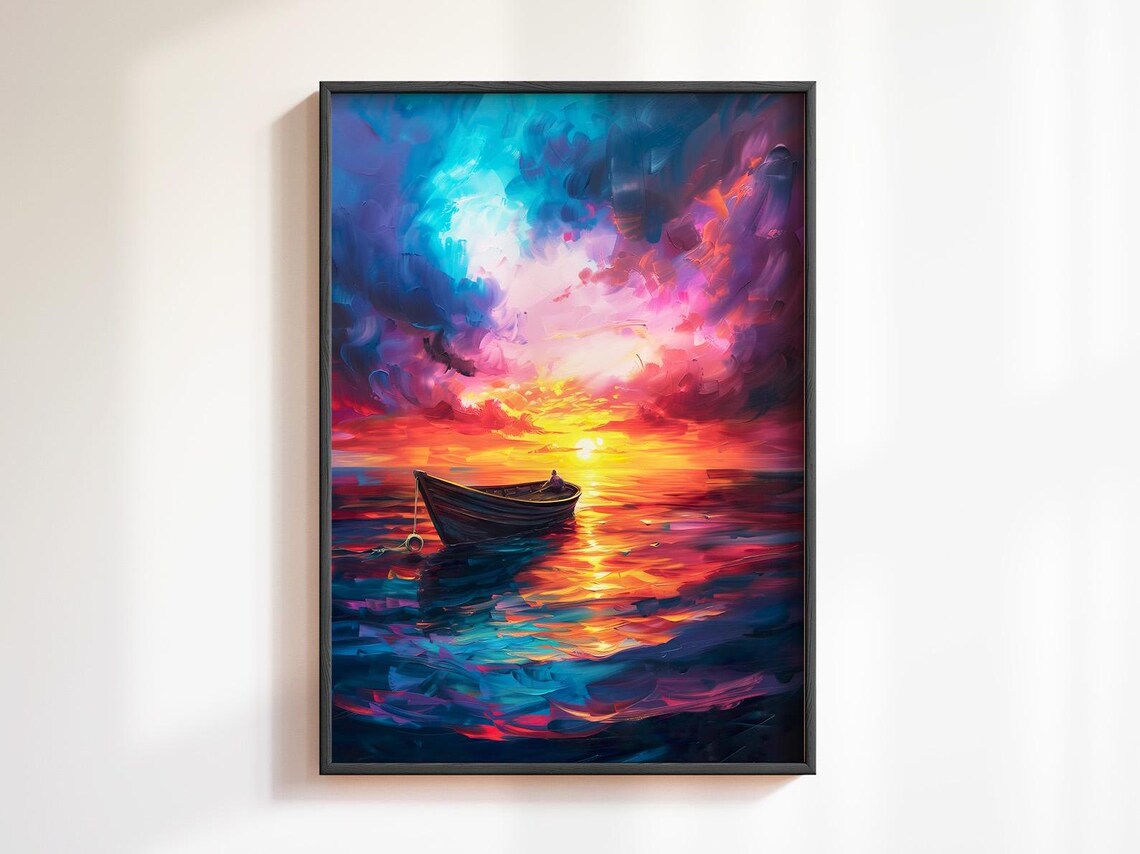 Lone Rowboat Floating On A Vibrant Sunset Ocean Impasto Painting Poster - Image 5