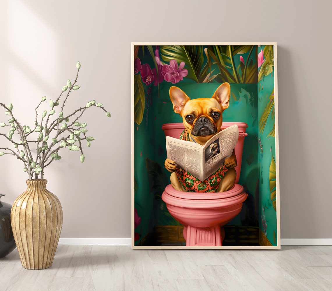 Fawn French Bulldog Sitting On Toilet Print Bathroom Wall Decor Toilet Wall Art Bathroom Wall Art French Bulldog Prints Funny Dog Poster - Image 3