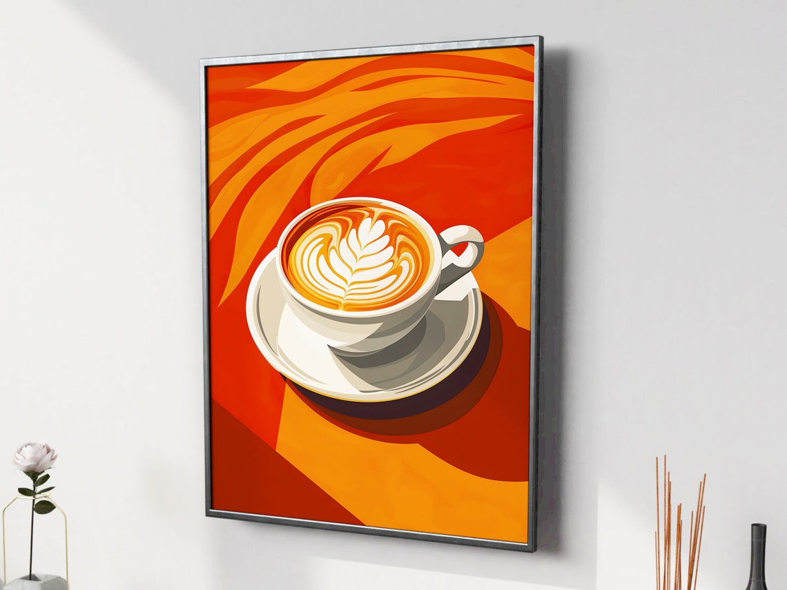 Latte Art Coffee Cup Bold Orange Red Pop Art Kitchen Decor Poster - Image 4