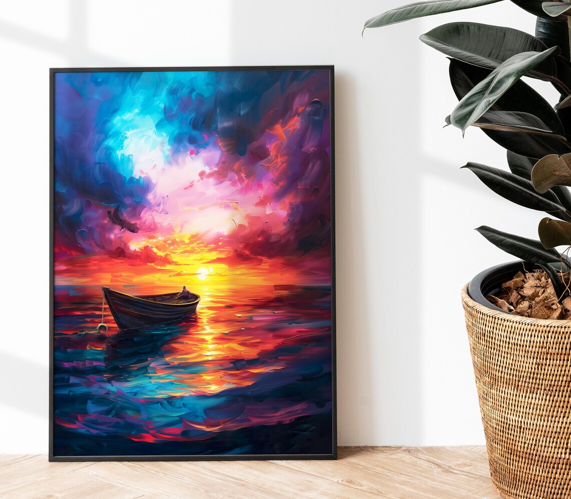 Rowboat On A Colorful Sunset Sea Impasto Oil Painting With Dramatic Clouds Poster - Image 3