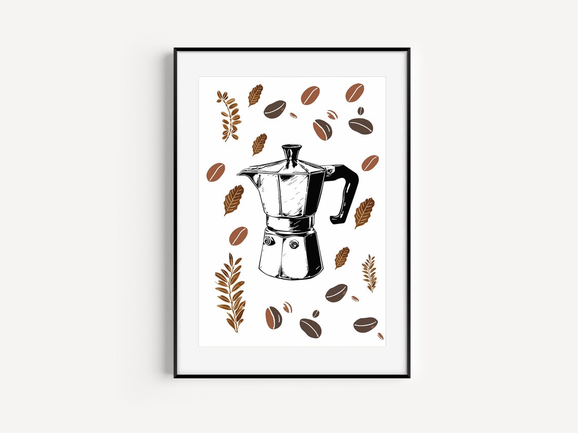 Moka Pot Espresso Maker Line Art Coffee Beans Kitchen Poster - Image 5