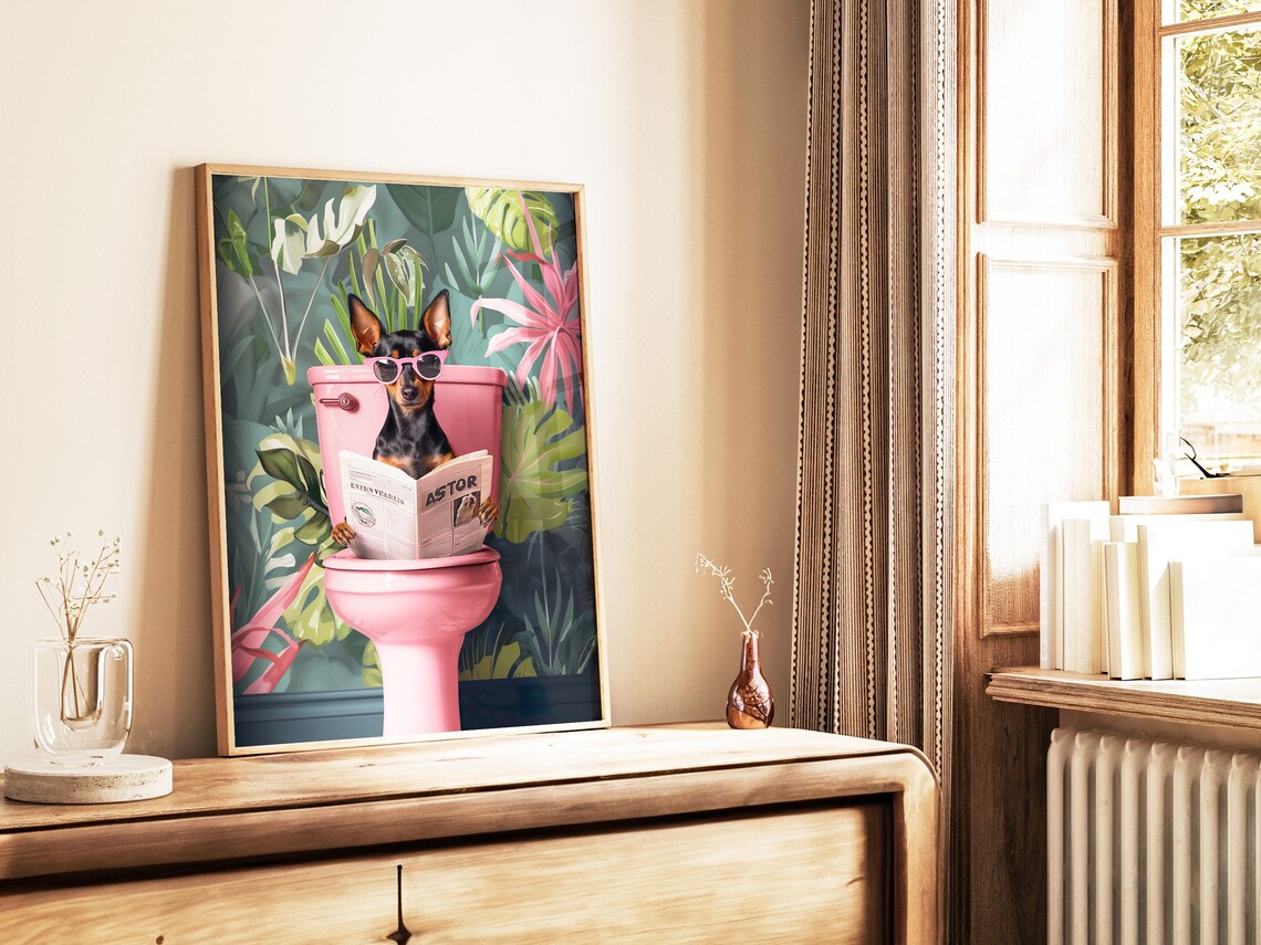 Miniature Pinscher Reading On Toilet Funny Bathroom Art Print - Image 4