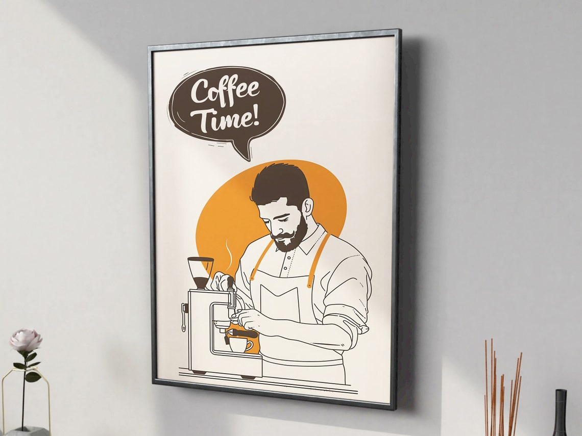 Coffee Time Bearded Barista Espresso Machine Line Art Poster - Image 3