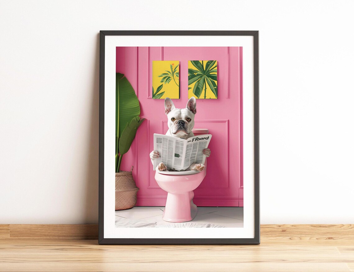 French Bulldog Reading on Toilet Funny Bathroom Art Print - Image 4