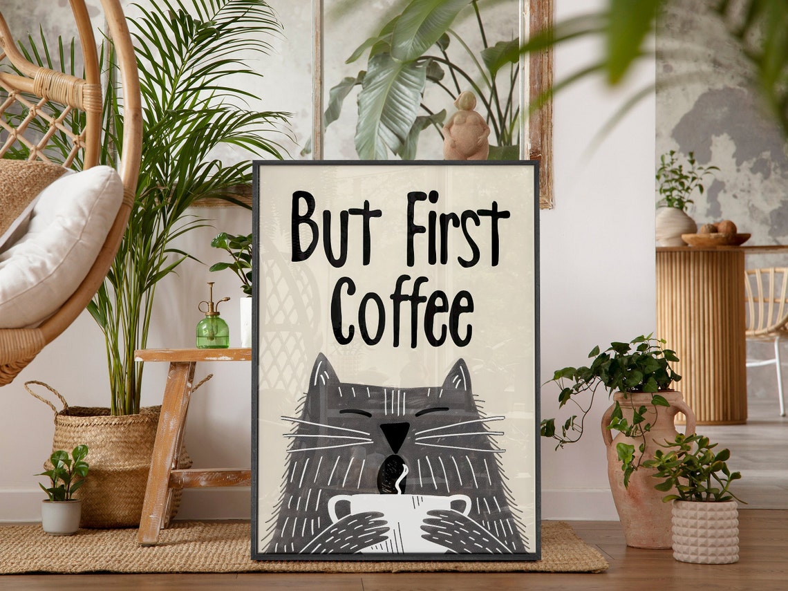 But First Coffee Sleepy Grey Cat Funny Kitchen Quote Art Poster - Image 2