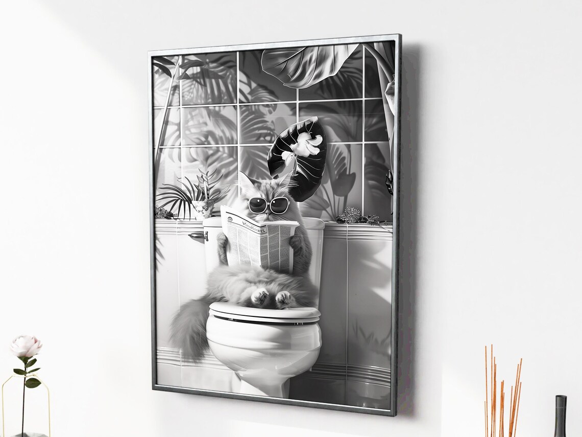 Black and White Bathroom Cat Poster, Funny Decor - Image 4
