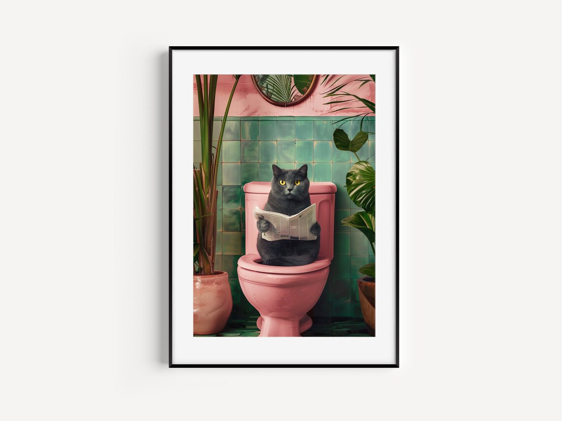 Funny Cat Toilet Print, Trendy Bathroom Decor