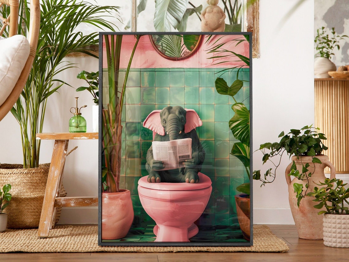 Baby Elephant Reading Newspaper Pink Toilet Funny Art Poster - Image 2