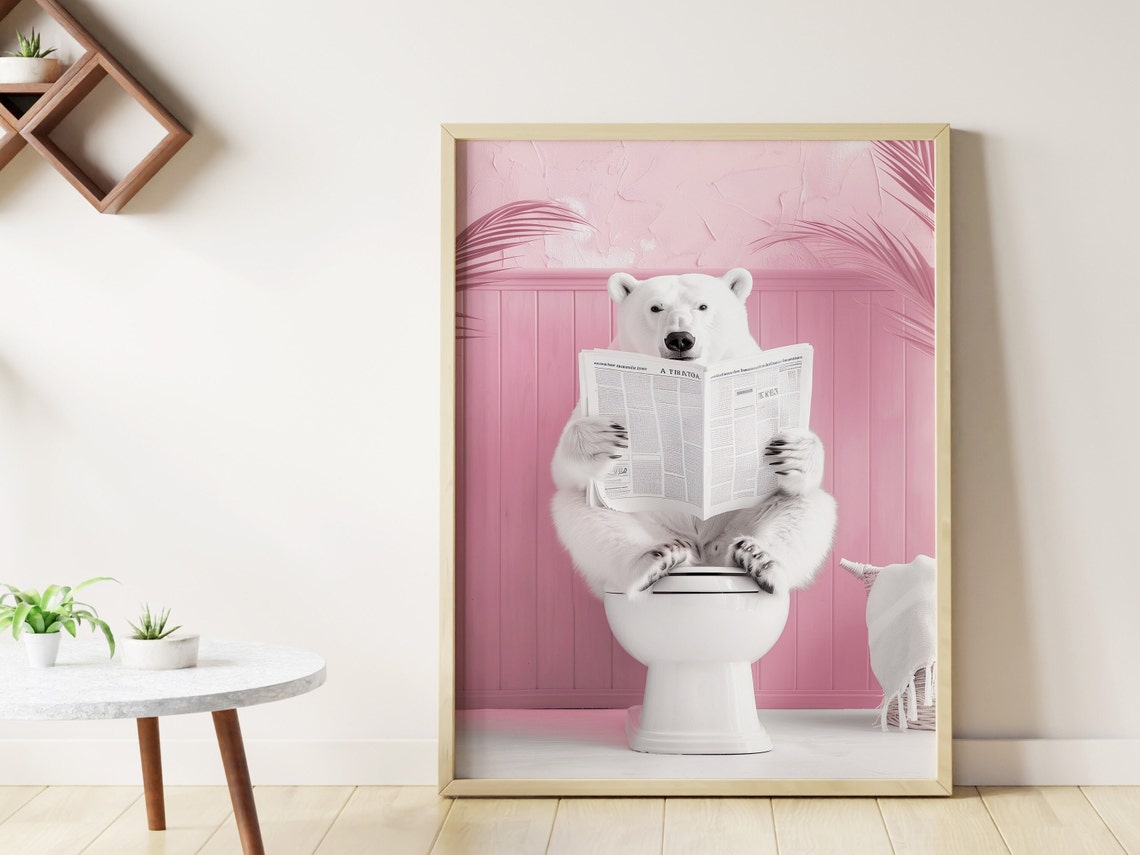 Fluffy Polar Bear Reading Newspaper Pink Bathroom Toilet Wall Art - Image 3