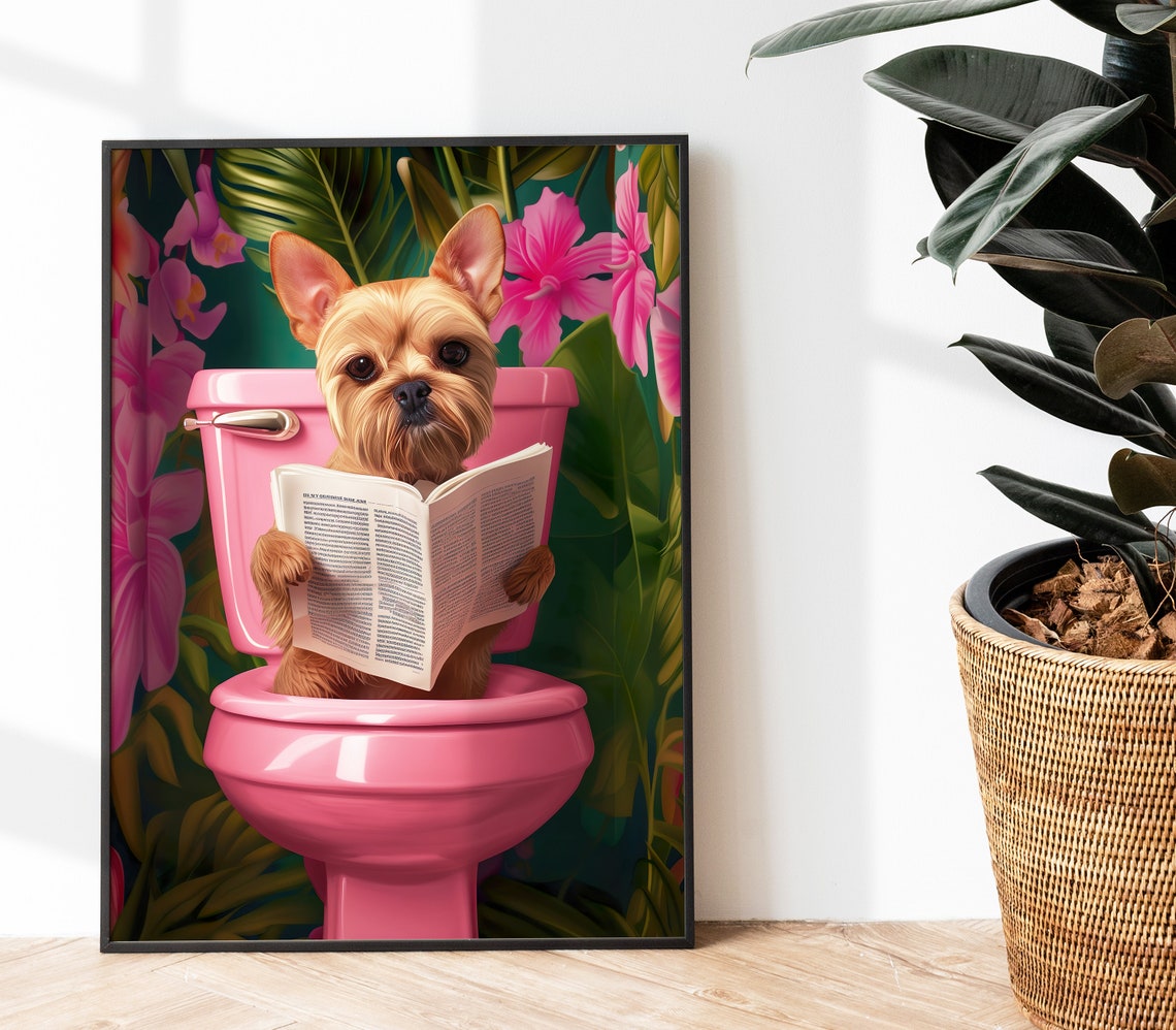 Yorkshire Terrier Reading Book Pink Toilet Funny Dog Decor Poster - Image 3