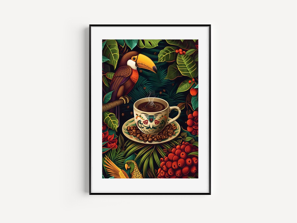 Toucan Rainforest Coffee Cup Ornate Mayan Folk Art Style Poster - Image 2